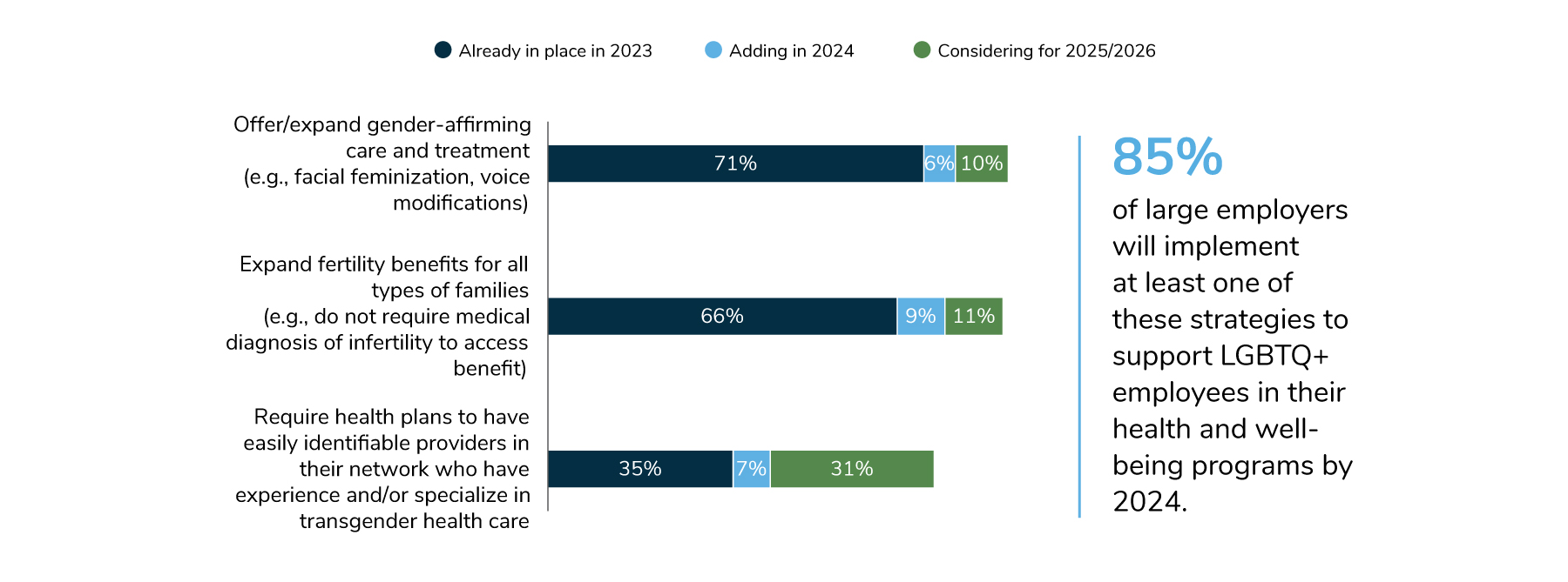85% of large employers will implement at least one of these strategies to support LGBTQ+ employees in their health and wellbeing programs by 2024.